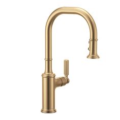 the kitchen faucet is shown in gold with an angled spout and side spray