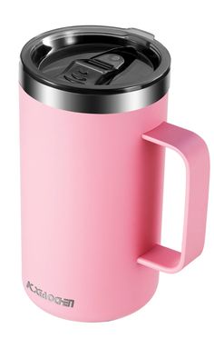 a pink coffee mug with a black lid