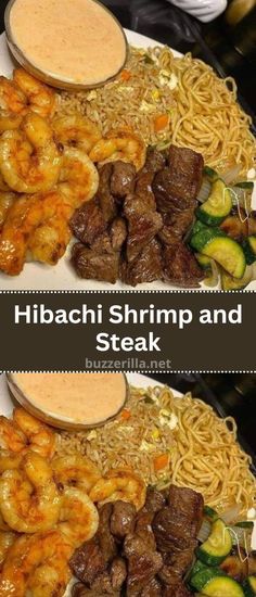 two plates with different types of food on them and the words hibachi shrimp and steak