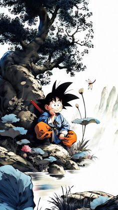 a painting of a young gohan sitting on a rock in front of a tree