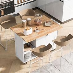 a kitchen island with stools in front of it