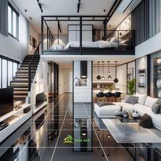 a living room filled with white furniture and lots of windows next to a stair case