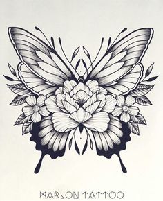 a black and white drawing of a butterfly with flowers on it's back side