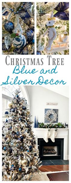 christmas tree blue and silver decor with text overlay that reads christmas tree blue and silver decor