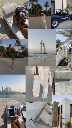 a collage of photos with people on the beach