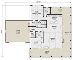 the first floor plan for a home with three bedroom and two bathroom areas, including an attached