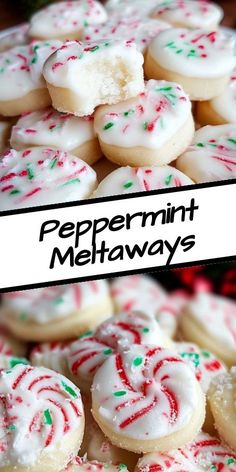 peppermint meltaways cookies with white frosting and sprinkles