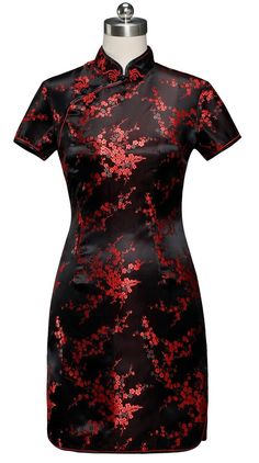 Chinese Collar Dress, Chinese Dress Qipao, Chinese Style Dress, Global Dress, Plum Blossom, Chinese Dress, Red Satin, Cheongsam, Collar Dress