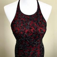 Black Silk, Halter Top Design, Two Beaded Straps, Deep Scoop Back, Zipper Back, Red Lining, Shell Is 100% Silk, Lining Polyester . Worn Only Once Embroidered Red Gala Dress, Red Embroidered Dress For Gala, Sleeveless Sequin Gown For Red Carpet, Glamorous Embroidered Evening Dress For Party, Embroidered Fitted Evening Dress For Party, Fitted Embroidered Evening Dress For Party, Glamorous Embroidered Party Evening Dress, Fitted Sleeveless Embroidered Evening Dress, Embroidered Fitted Sleeveless Evening Dress