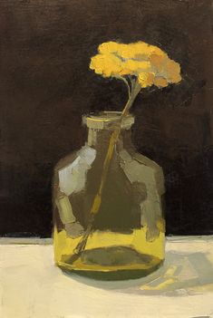 a painting of a yellow flower in a green vase