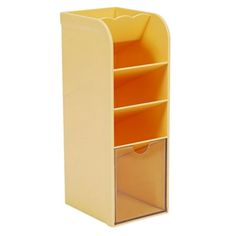 a yellow shelf with two bins on it