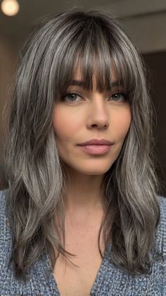 Style Your Look with Wavy Gray Lob with Side Gray Hairstyles With Bangs, Gray Highlights Brown Hair, Womens Bob Hairstyles, Medium Length Hairdos, Grey Blending, Gray Hairstyles, Seamless Hair Extensions, Side Fringe