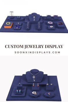 jewelry display with blue carpet and white background