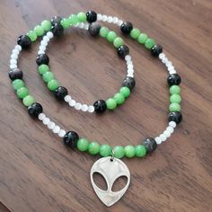 Hand Made Genuine Natural Stone Necklace With Stainless Steel Alien Charm Black Spiritual Beaded Necklaces, Alien Bead Pattern, Alien Jewelry, Alt Beaded Necklace, Alien Necklace, Kate Spade Necklace, Rhinestone Choker Necklace, Rhinestone Statement Necklace, Rhinestone Choker