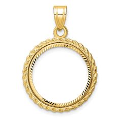 The 14K Yellow Gold Wideband Distinguished Coin Jewelry Pendant is a blend of elegance and craftsmanship. This polished and diamond-cut piece features a casted rope design, highlighting its 18.0mm prong bezel. Unlike ordinary pendants, it securely holds a 1/10oz Panda coin, making it a unique treasure. With dimensions of 30.4mm in length and 22.1mm in width, it stands out as a timeless accessory. Made from solid 14K gold, it combines durability with a sophisticated shine. Elevate your jewelry co Bezel Pendant, Rope Design, Coin Jewelry, Timeless Accessories, Jewelry Pendant, Polish Jewelry, Precious Metals, Pendant Jewelry, Types Of Metal