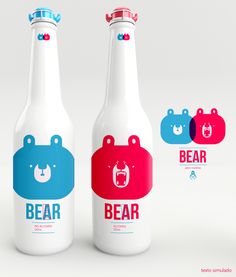 two beer bottles with bear designs on them, one is blue and the other is red