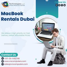 a man sitting in front of a laptop computer on top of a white box with the words macbook rentals dubai below it