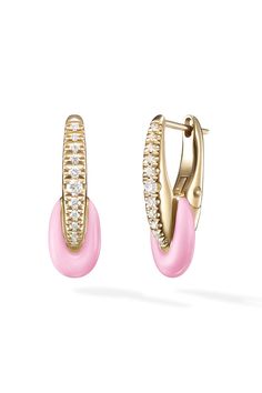 MELISSA KAYE JEWELRYFINE JEWELEARRING ROSEGOLD Marissa Pink Ada Huggie Hoop Pink Gold Earrings, Pretty Jewelry Necklaces, Belly Jewelry, 18k Gold Earrings, Pink Accessories, Pink Jewelry, Stacked Jewelry, Pink Enamel, Jewelry Lookbook