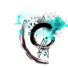 the letter c is surrounded by abstract shapes and colors, including snowflakes