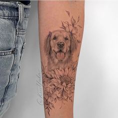 Dog Portrait With Flowers Tattoo, Dog Portrait Tattoo Sleeve, Dog Tattoo Floral, Dog Half Sleeve Tattoo, Dog Floral Tattoo, Dog Lover Tattoo For Women, Dog And Flower Tattoo, Mila Tattoo, Dog Memorial Tattoos Unique