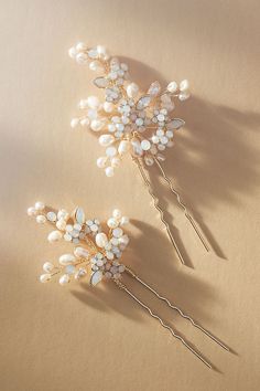 Adorned with a mix of opal crystals and freshwater pearls, these gorgeous hair pins have just the right amount of sparkle for your pretty updo. | Baby's Breath Pearl and Crystal Hair Pins, Set of 2 by Twigs & Honey in White, Women's, Gold/Freshwater Pearl at Anthropologie Something Blue Hair Pin, Gold Bridal Hair Accessories, Blue Hair Pins, Bridal Hair Pins Pearl, Wedding Hair Clip, Pearl Hair Comb, Fingertip Veil, Pearl Veil, Pearl Hair Combs