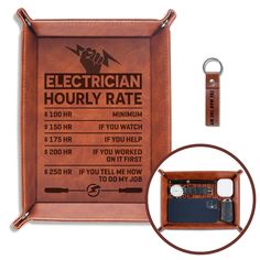 an electrician's horlly rate is displayed in a leather case with a key chain