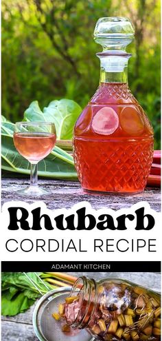 rhubarb cordial recipe in a glass bottle next to a plate with radishes