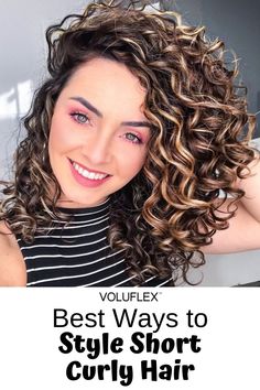 Short Curly Fall Hair Color, Short Curly Haircuts With Highlights, Short Curly Ombre Hair, Curly Short Hair With Highlights, How To Style Short Permed Hair, Ways To Style Short Curly Hair Natural Curls, Curly With Highlights, Hair Color Ideas For Curly Brunettes, Curly Fall Hair Color