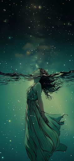 a woman is floating in the water under stars