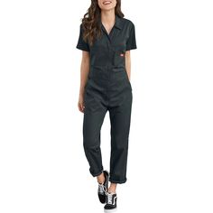 We appreciate the workwear-inspired design of the Flex Short-Sleeve Coverall from Dickies because the cotton-poly fabric is both durable and comfortable. Good American Black Jumpsuit, Cheap Short Sleeve Jumpsuits For Workwear, Cheap Utility Style Button-up Jacket, Kackie Pants Women, Cheap Black Suits For Workwear, Womens Dickies Jacket, Dickies Coveralls Custom, Dress Like A Teacher For Career Day, Cheap Workwear Pantsuit With Pockets