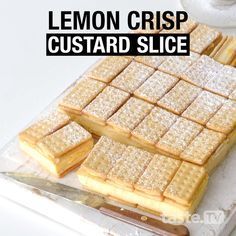 lemon crisp custard slice on a cutting board