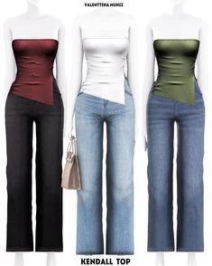 three female mannequins with different colored tops and jeans on display in front of a white background