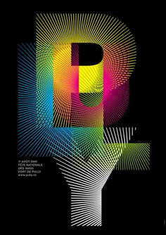 an abstract poster with the letter p on it's black background and colorful lines