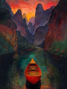 a painting of a red boat floating on top of a body of water next to mountains