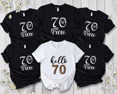 Hello 70th Birthday Shirt for Women, 70th Party Crew Tee, Women Squad Shirt, 70th Birthday Squad Tshirt, 70th Birthday Gift, Birthday Crew Gift Tee, Happy 70 Years, Birthday Gift Idea *HOW TO ORDER: 1. Please, Check and Review all Photos and Size Charts (Our T-Shirts are Unisex, The V-necks and Tanks are Women's Size) 2. Choose Your Sweatshirt Color and Size 3. Choose Your Quantity as much as you want. 4. Click "Add to Cart". For multiple items go back to the listing and repeat the steps. *QUALITY: Solid Colors Are 100% Cotton. The other colors are cotton/poly blend.  * PROCESSING & SHIPPING: Processing is 1-2 days. First Class Shipping is 2-5 business days (after processing time). You can upgrade your shipping at the checkout to UPS GROUND (2-4 Days) and UPS-2 Business DAY . *CARE INSTRUC Cheers To 70 Years, Birthday Gift For Friend, 70th Birthday Parties, Leopard Shirt, 70th Birthday Gifts, Squad Shirt, Birthday Party Shirt, Birthday Tee, 70th Birthday