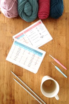 yarn and knitting needles on a table with the words free printable