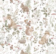 an animal themed wallpaper with flowers and leaves