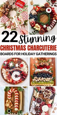 twelve christmas crafts that are easy to make and perfect for the holiday season with text overlay saying, 22 stunning christmas charure boards for holiday gatherings