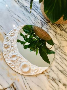 a mirror that is on top of a marble surface with plants in the reflection,