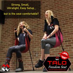 two women sitting on red chairs with microphones in their hands and the caption reads, strong, small, ultralight, easy setup but is the seat comfortable?