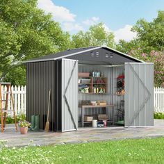 a shed with the door open and shelves in it