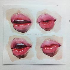 four watercolor paintings of red lips on white paper with the words shevchenk above them