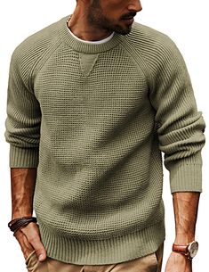 PRICES MAY VARY. Classic Design: Men waffle sweaters feature with raglan sleeve, crew neck, classic waffle textured, neckline with sweatshirt triangle design, ribbed neckline, sleeve cuffs and hemline. The classic crewneck design is easy to pair with various outfits. Dress it up with a collared shirt for a more polished look or wear it casually with jeans for a laid-back style Soft & Comfy Material: Men's pullover sweater is made of soft knitting elastic fabric, stretch, skin-friendly, warm and Pullover Sweaters Men, Fall Clothes Men Casual, Men’s Attire, Mens Smart Casual Fashion, Young Mens Fashion Casual, Men’s Fall Fashion 2024, College Guy Outfits, Tweed Blazer Men, Men's Casual Outfits