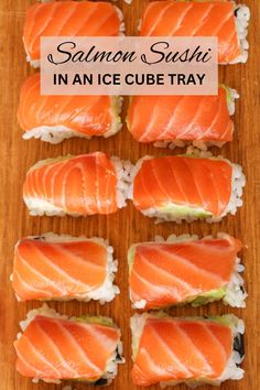 ten salmon nigiri served on a wooden board Sushi Squares, Sushi Recipes For Beginners, Tuna Nigiri, Baked Sushi, Temari Sushi, Tuna Sushi Rolls, Salmon Nigiri, Sushi Rice Recipes, Sushi Bowl Recipe