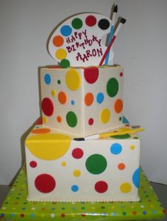 a three tiered birthday cake decorated with polka dots