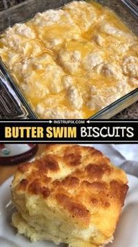 two pictures with different types of food in them and one has butter swim biscuits on it