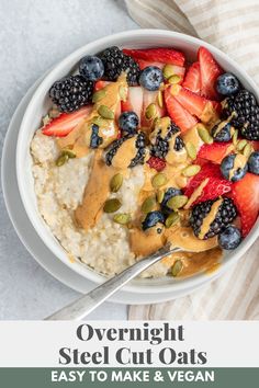 a bowl filled with oatmeal topped with fruit