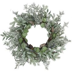 a wreath with green leaves and pine cones