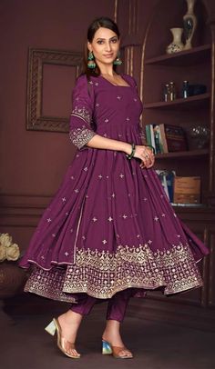 Embroidery Work Georgette Women Anarkali Suit in Purple -9178186146 Dark Pink Suits Women, Pink Suits Women Indian, Pink Anarkali Suits, Georgette Anarkali Suits, Pink Anarkali, Georgette Material, Grey Saree