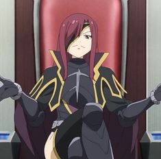 an anime character sitting in a chair with her hands out to the side, wearing black and gold